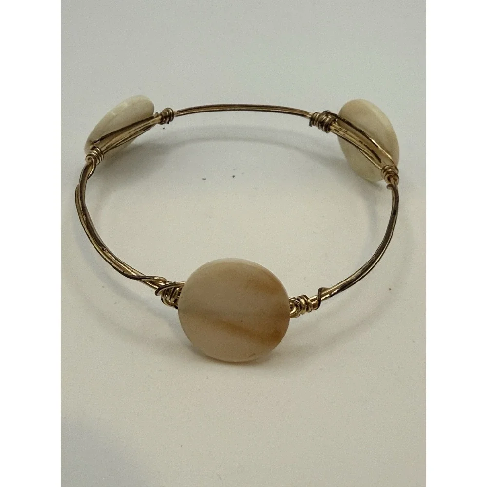 Wire Wrapped Bangle Bracelet Cream Stone Or Shell Size 7.75